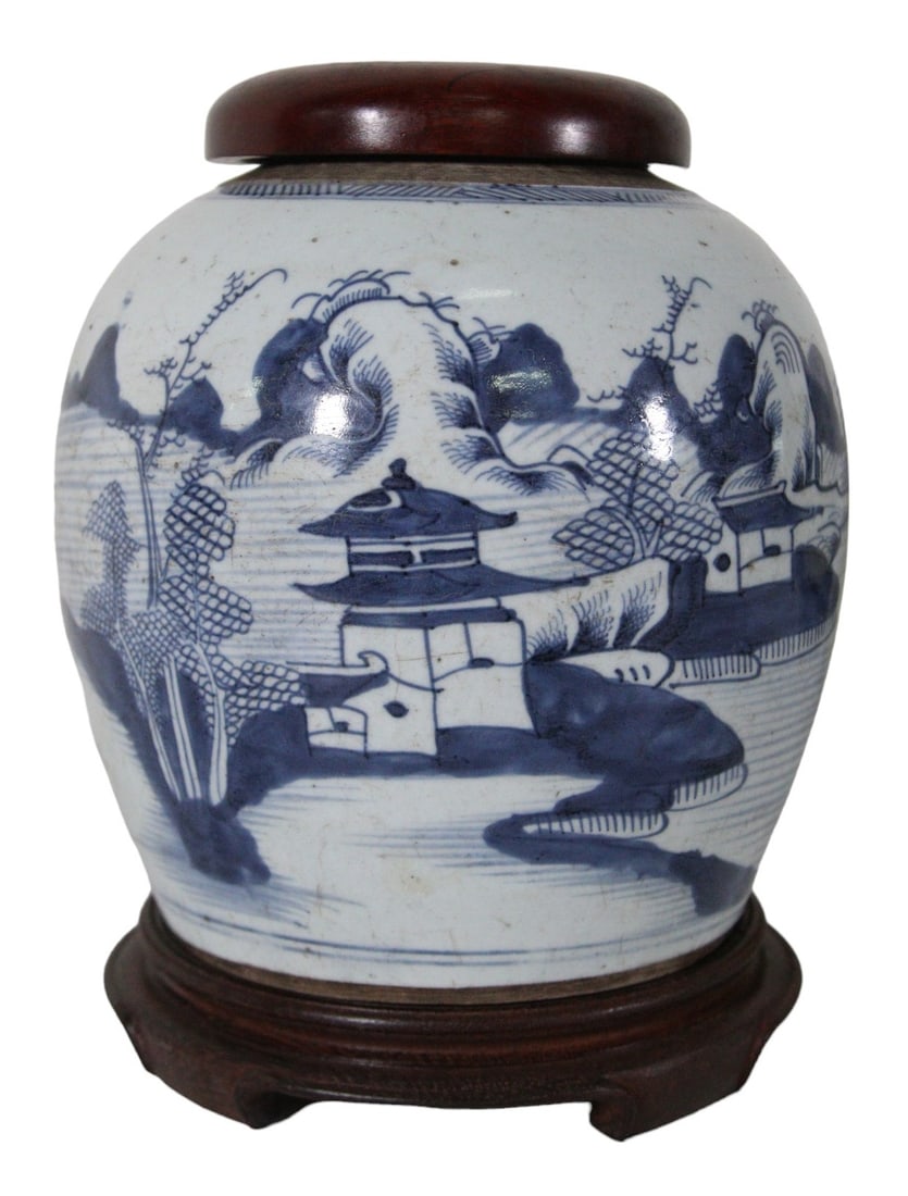WILLOW MOTIF BLUE AND WHITE CHINESE GINGER JAR: WILLOW MOTIF BLUE AND WHITE CHINESE GINGER JAR. Height: 9 in. by Width: 8 in. by Depth: 8 in.