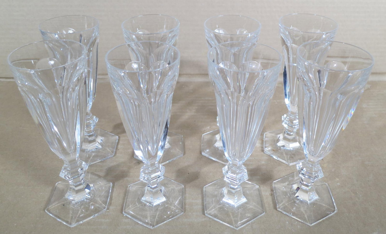 EIGHT BACCARAT CRYSTAL HARCOURT CHAMPAGNE FLUTES: EIGHT BACCARAT CRYSTAL HARCOURT CHAMPAGNE FLUTES. Height: 7 in. by Width: 2.5 in. by Depth: 2.5 in.