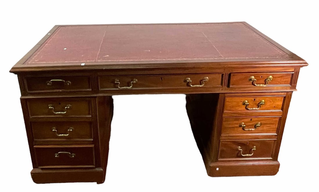 ANTIQUE DESK WITH TOOLED LEATHER TOP (1 of 3)