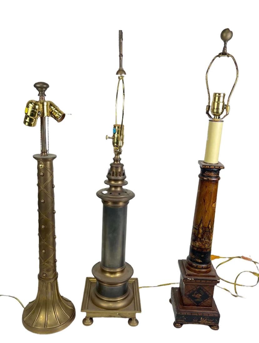 LOT OF THREE VINTAGE METAL COLUMN TABLE LAMPS (1 of 4)
