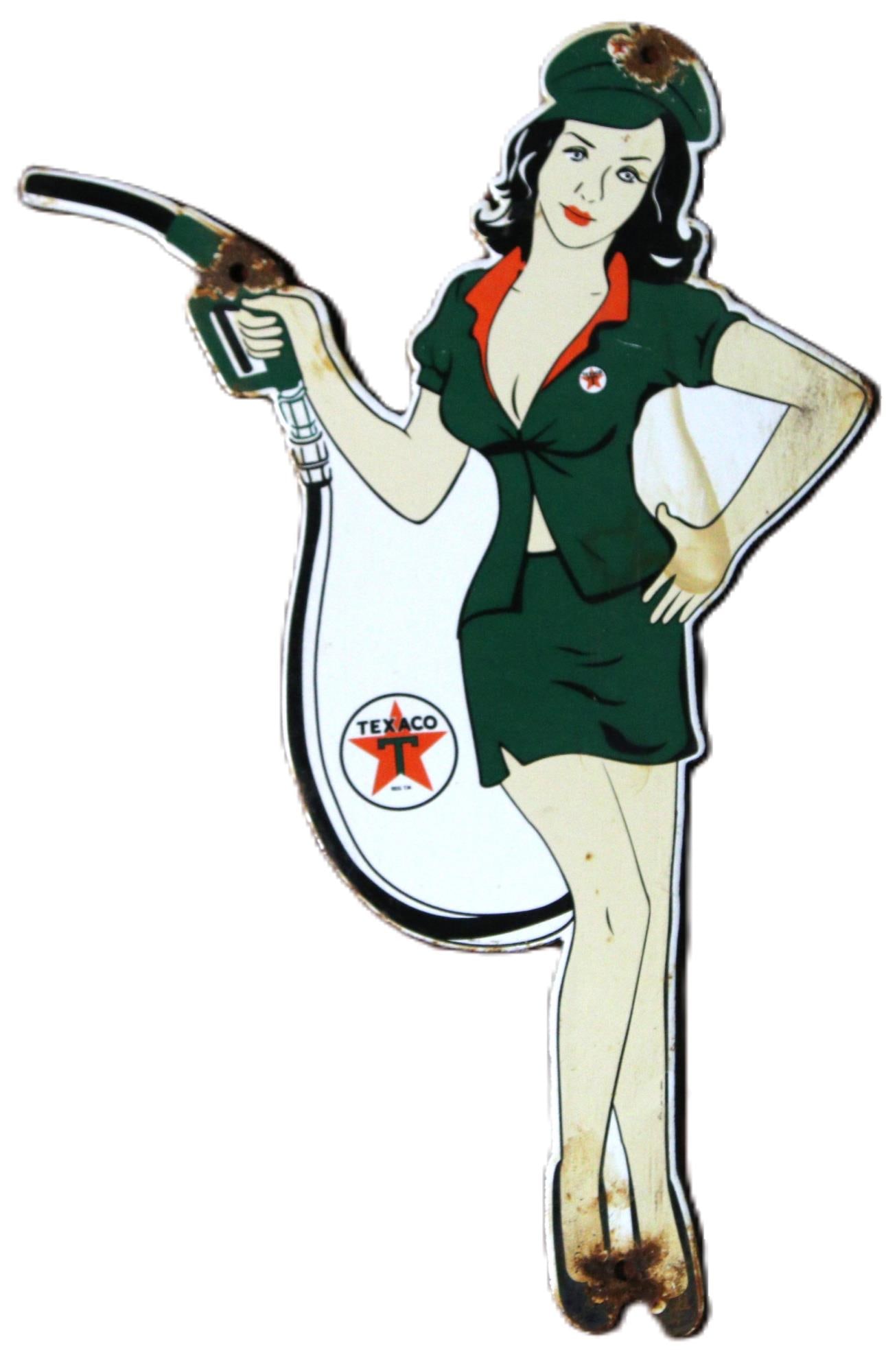TEXACO WOMAN METAL SIGN: TEXACO WOMAN METAL SIGN Height: 13 in. by Width: 8 3/4 in.