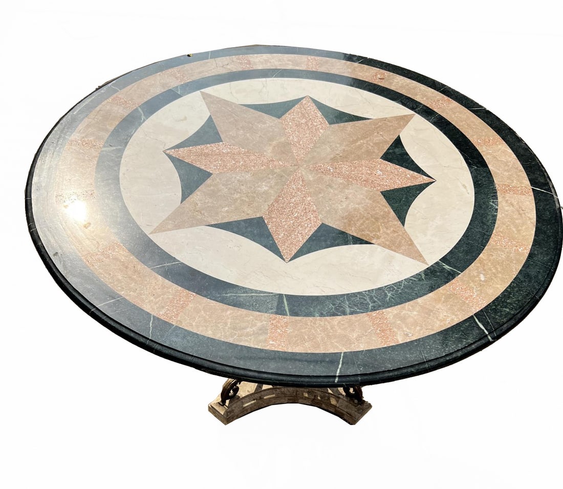 INLAID STAR MARBLE TOP TABLE ON STEEL BASE (1 of 4)