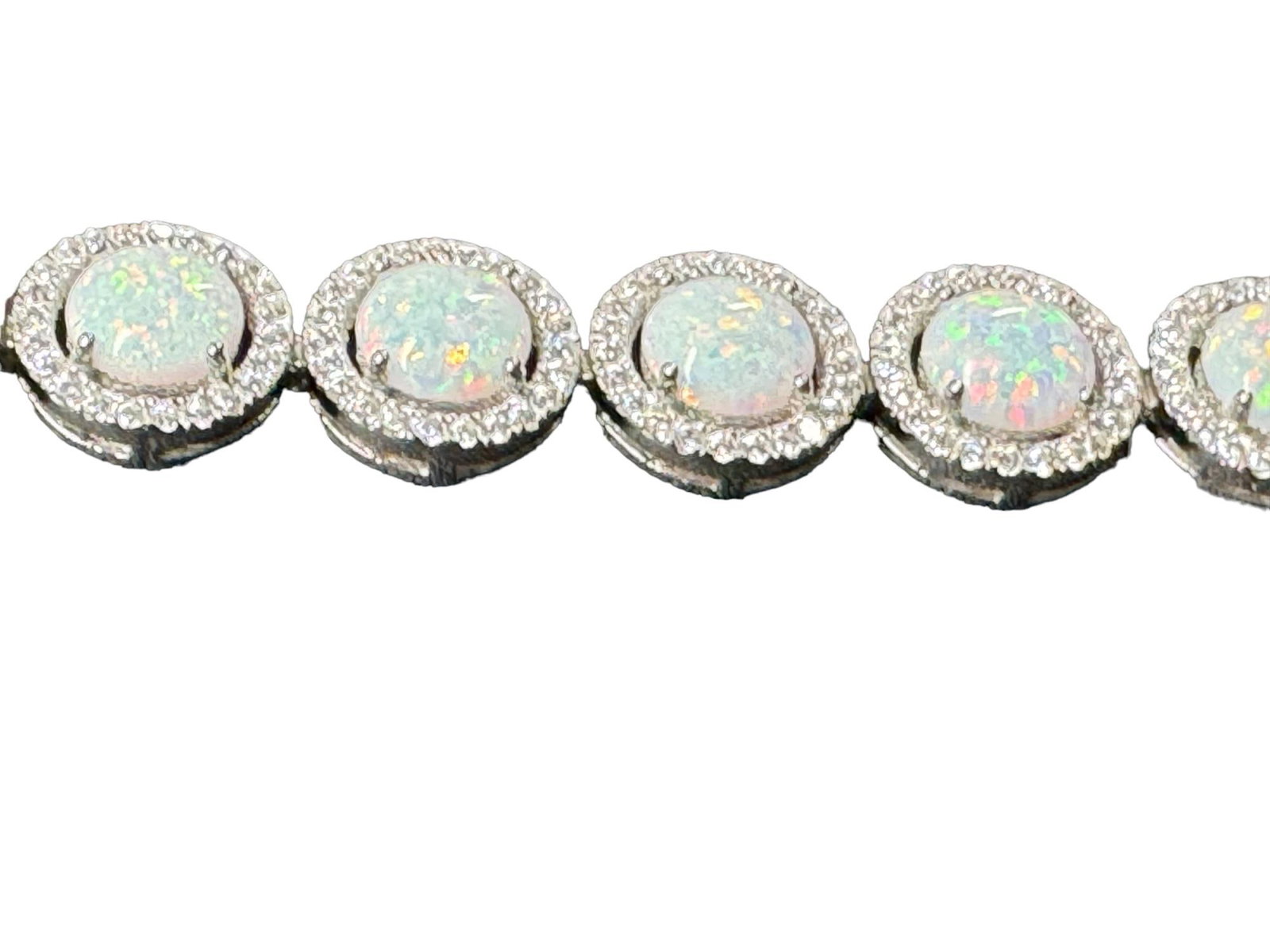 OPAL AND LAB DIAMOND BRACELET IN STERLING: OPAL AND LAB DIAMOND BRACELET IN STERLING SILVER. Height: 3/8 in. by Width: 7 5/8 in.