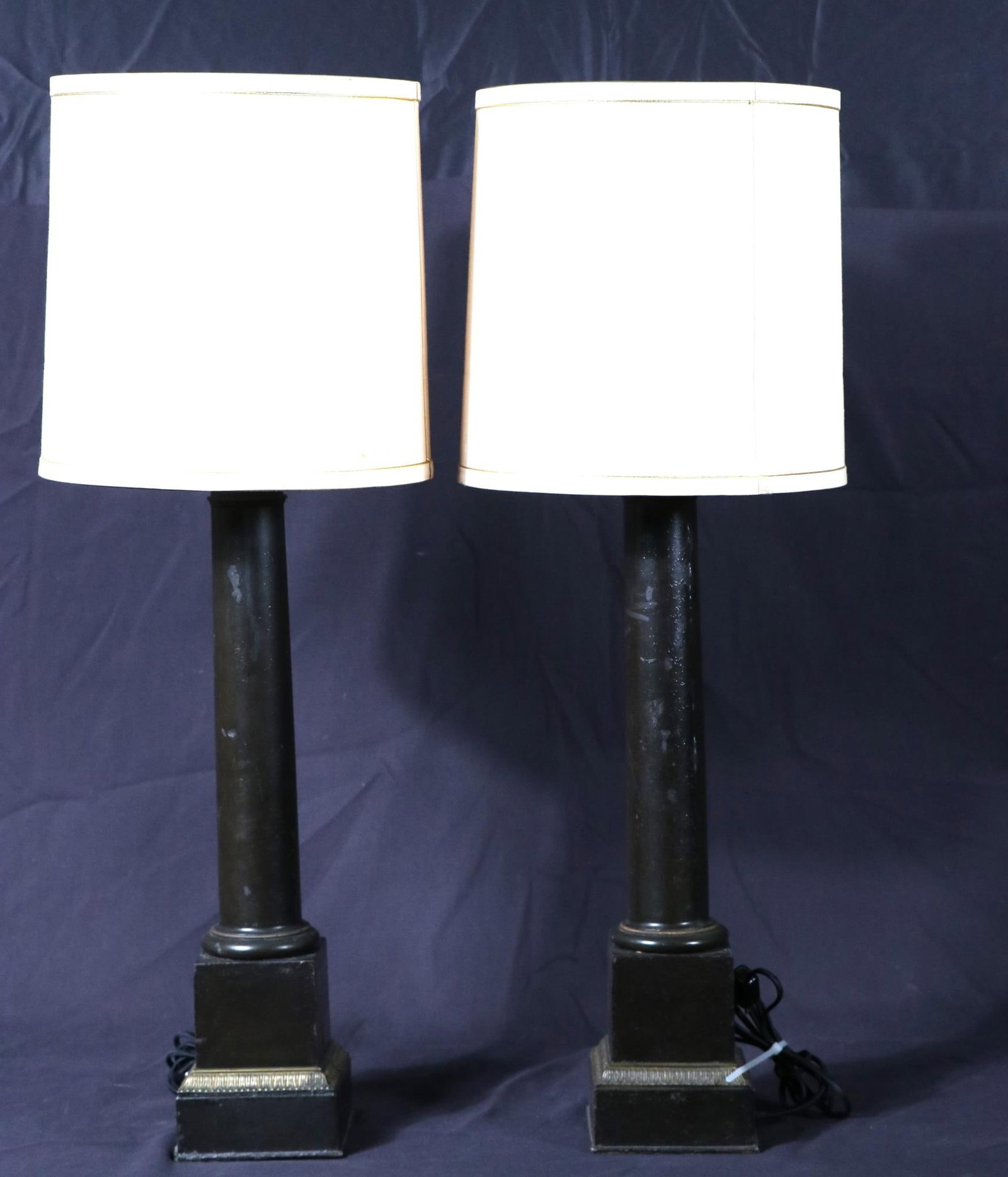 19th CENTURY TOLE COLUMN LAMPS.: 19th CENTURY TOLE COLUMN LAMPS. STAMPED PARIS, FRANCE . "CARCEL INVENTEUR BREVETUR RUIE DEL' ARBRE-SEC N." 18 A PARIS. Height: 33 in. by Width: 12 in