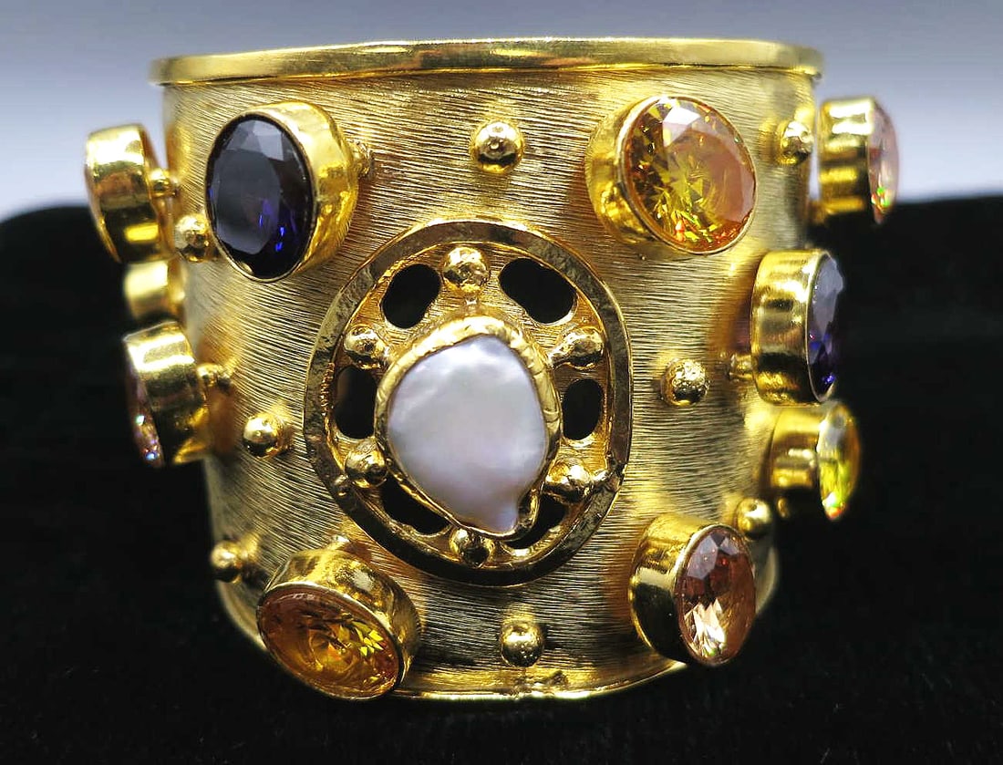 MATTE GILT BRASS QUARTZ & OPAL CUFF BRACELET (1 of 4)