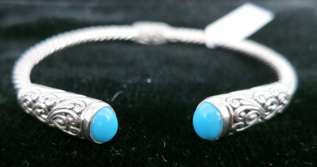 STERLING SILVER TURQUOISE CABLE BANGLE BRACELET (1 of 4)