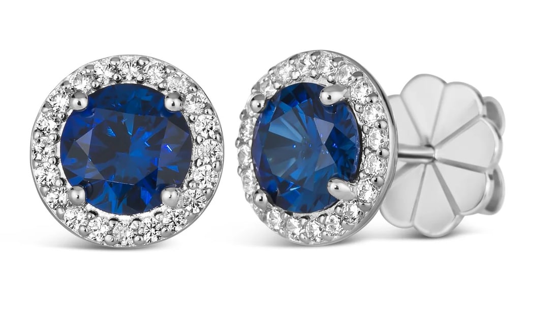 2 CARAT HALO STUD LAB DIAMOND EARRINGS W/ LAB SAPP: 2 CARAT HALO STUD LAB DIAMOND EARRINGS W/ LAB SAPPIRES