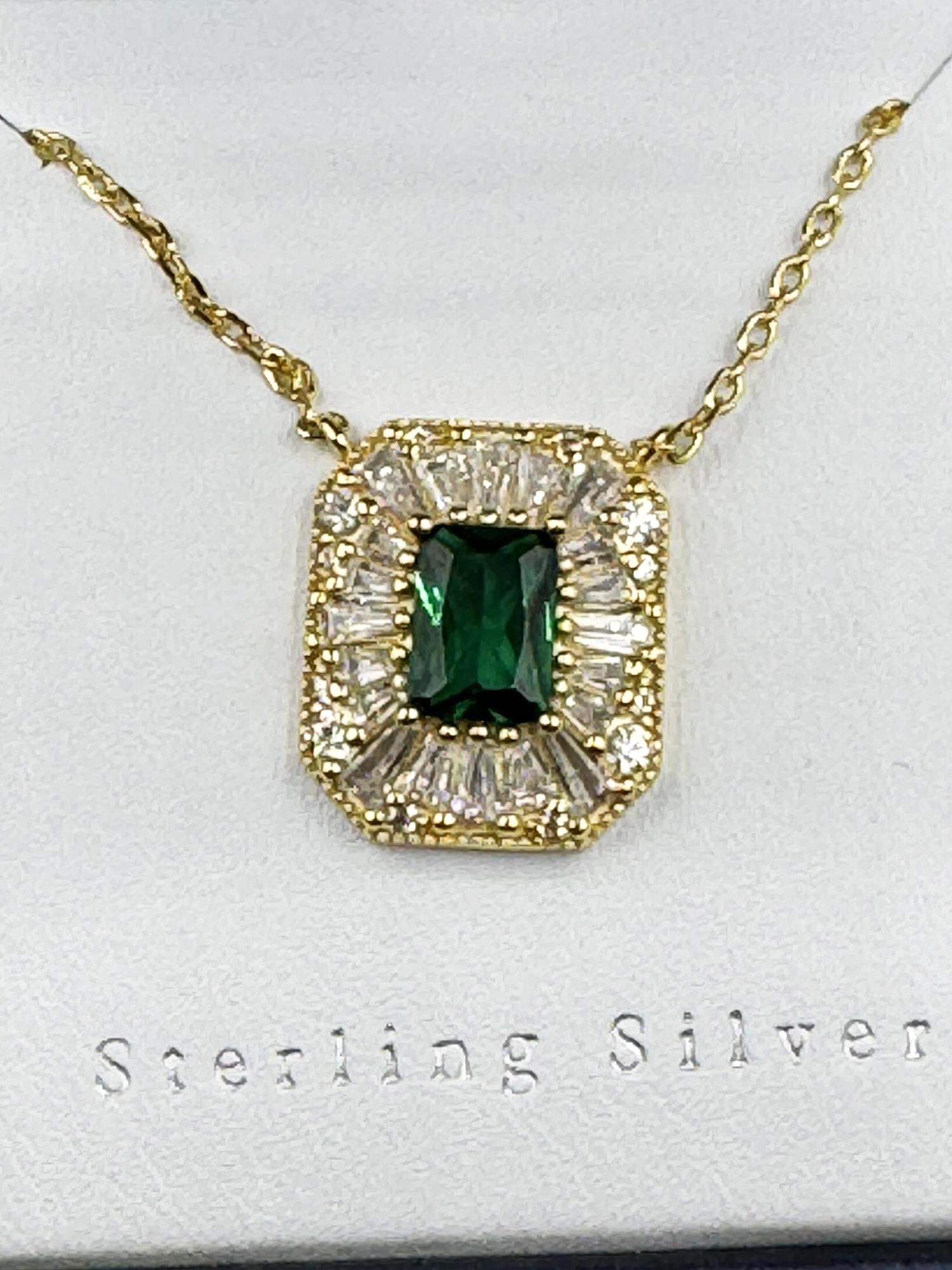 LAB EMERALD AND DIAMOND NECKLACE GOLD/STERLING: LAB EMERALD AND DIAMOND NECKLACE GOLD/STERLING
