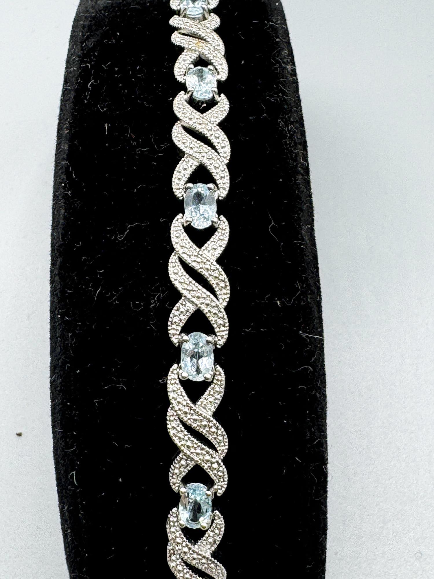 AQUAMARINE AND DIA STYLE STERNING TENNIS BRACELET: AQUAMARINE AND DIA STYLE STERNING TENNIS BRACELET