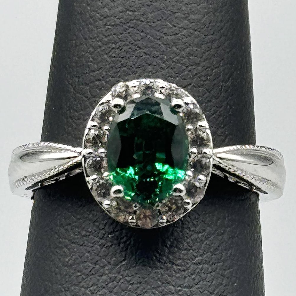 LAB EMERALD AND DIA STERLING RING: LAB EMERALD AND DIA STERLING RING SIZE 7