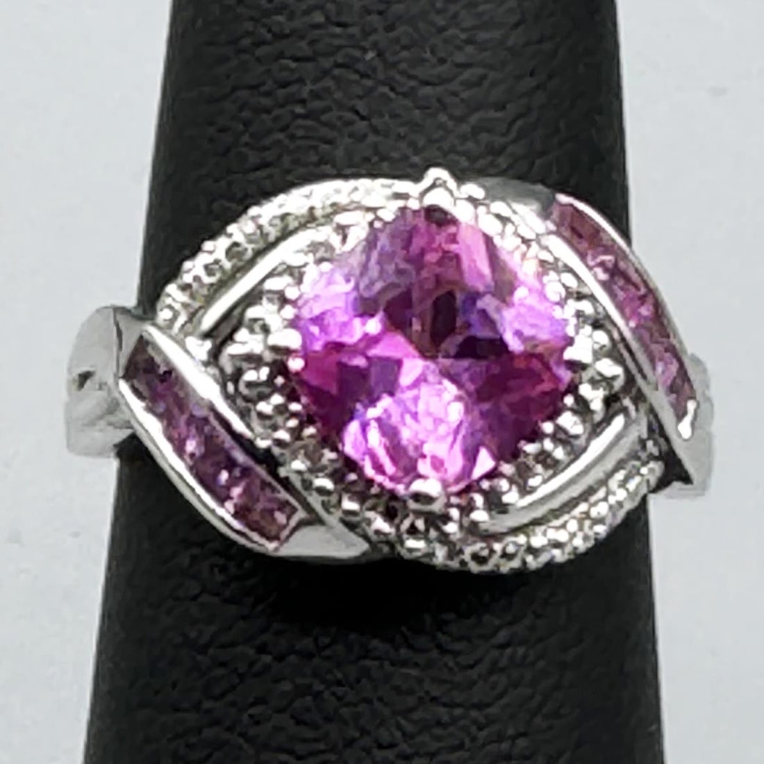 PINK SAPPIRE AND DIA STERLING RING: PINK SAPPIRE AND DIA STERLING RING SIZE 7