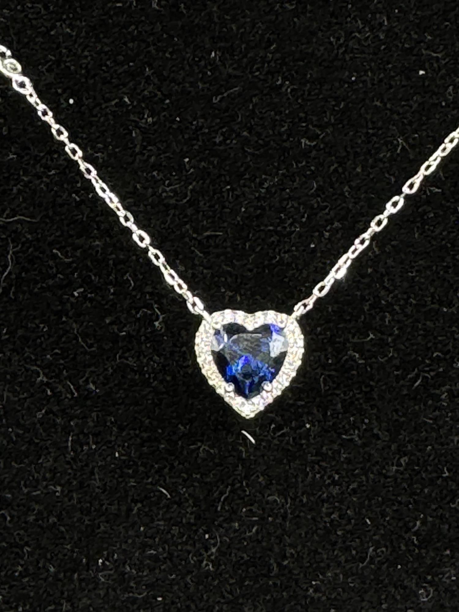 BLUE SAPPHIRE HEART SURROUNDED BY DIAMONDS NECKLAC: BLUE SAPPHIRE HEART SURROUNDED BY DIAMONDS NECKLACE 18"