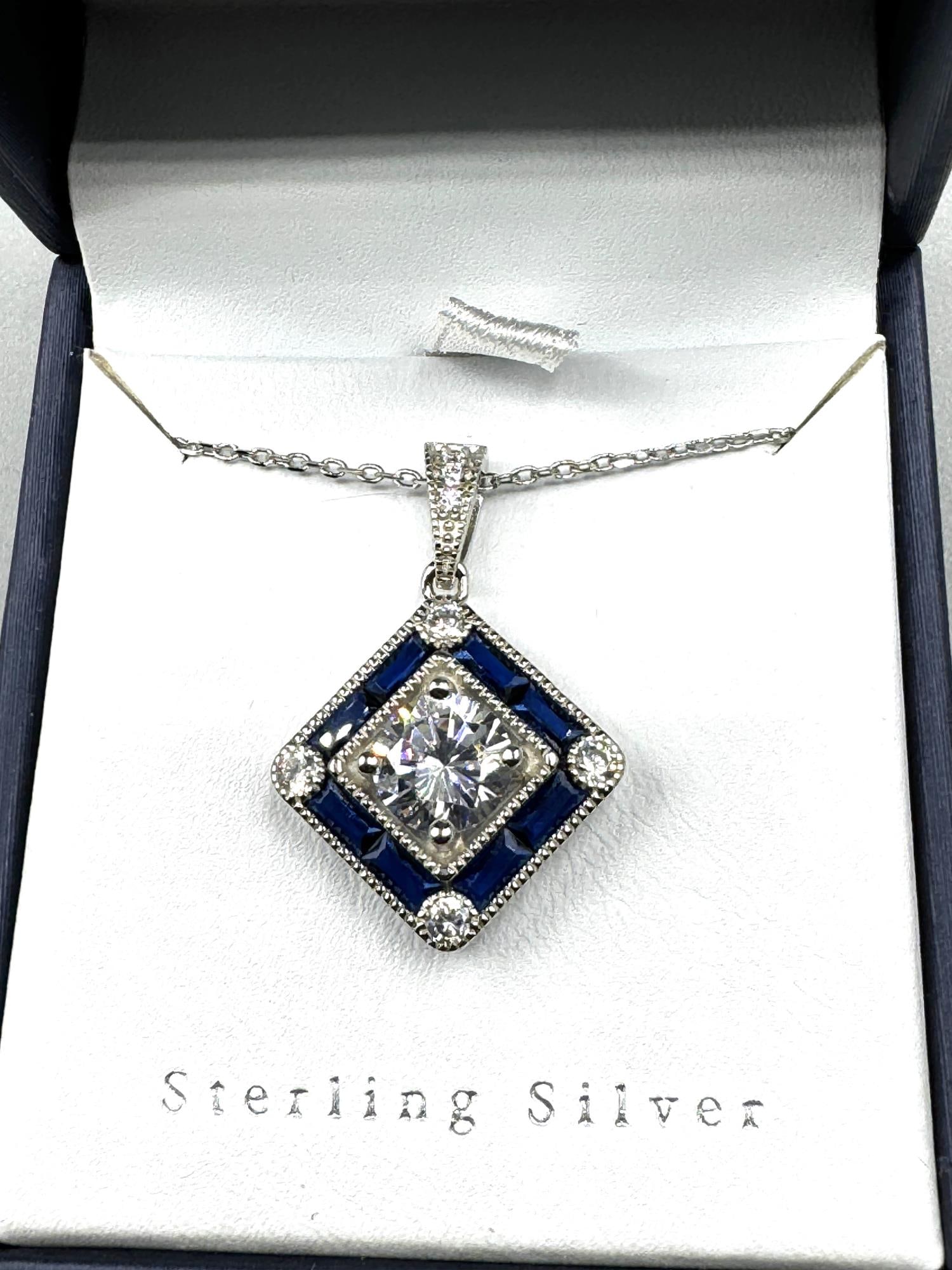 ART DECO SAPPHIRE AND DIA STYLE NECKLACE IN STERLI: ART DECO SAPPHIRE AND DIA STYLE NECKLACE IN STERLING