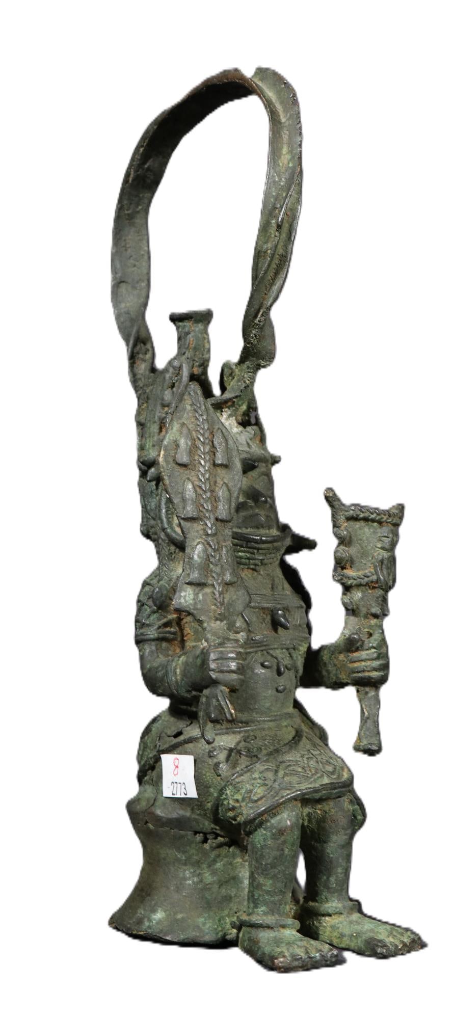 19th C. BENIN BRONZE CERMONIAL FIGURE, NIGERIA: 19th CENTURY BENIN BRONZE CERMONIAL FIGURE, NIGERIA. Height: 14 in. by Width: 5 in. by Depth: 5 IN