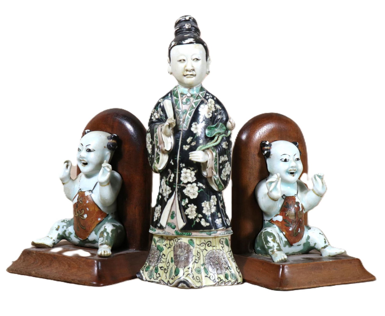 FAMILLE NOIRE PORCELAIN FIGURE AND BOOKENDS: FAMILLE NOIRE PORCELAIN FIGURE AND BOOKENDS. Height: 9 in. by Width: 3.5 in. by Depth: 2.5 in.