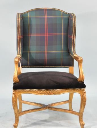 RALPH LAUREN WING CHAIR: RALPH LAUREN WING CHAIR IN PLAID UPHOLSTERY. Height: 45 in. by Width: 24 in. by Depth: 21 in.