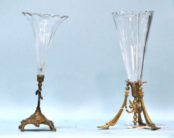 TWO FRENCH VICTORIAN CUT & FLUTED EPERGNES: LOT OF TWO FRENCH VICTORIAN CUT AND FLUTED GLASS EPERGNES WITH BRONZE BASES. Height: 13 in. by Width: 8 in.