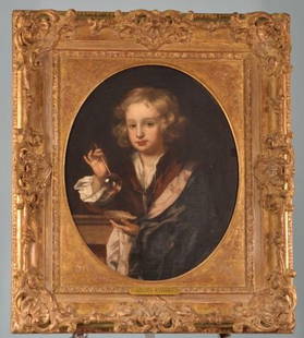 WILLEM WISSING "BLOWING BUBBLES" PAINTING, C. 17th: WILLEM WISSING (1656-1687) "PORTRAIT OF BOY BLOWING BUBBLES" OIL ON CANVAS, RELINED. CIRCA 17th CENTURY. Height: 39 and 26 1/2 in. by Width: 33 and 23 in. by Depth: 3 in.