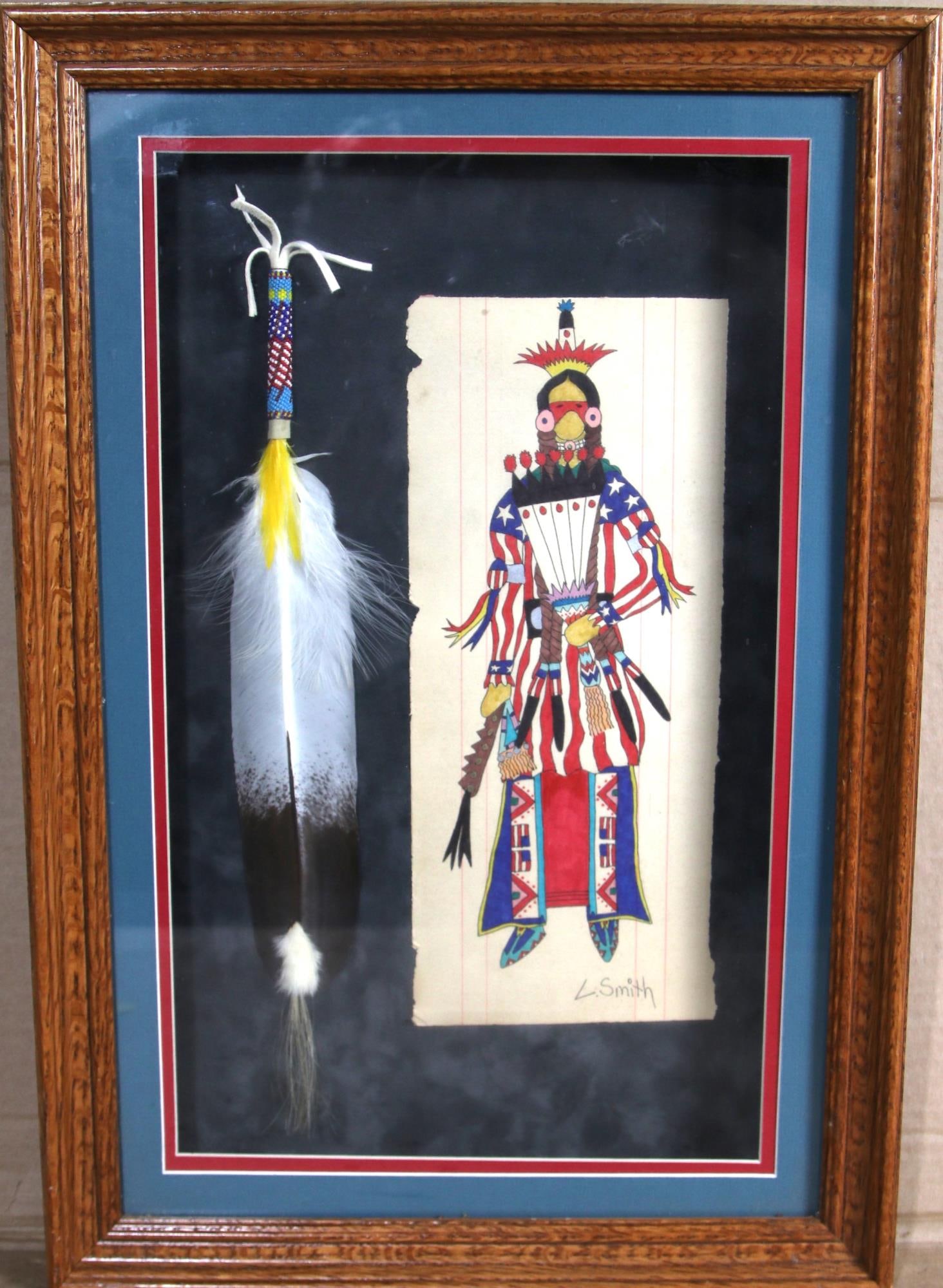 LEON SMITH EAGLE DANCER & SPIRIT FEATHER WATERCOLO: LEON SMITH EAGLE DANCER AND SPIRIT FEATHER WATERCOLOR ON PAPER WITH GLASS BEADED FEATHER IN SHADOWBOX FRAME. Height: 20 in. by Width: 15 in