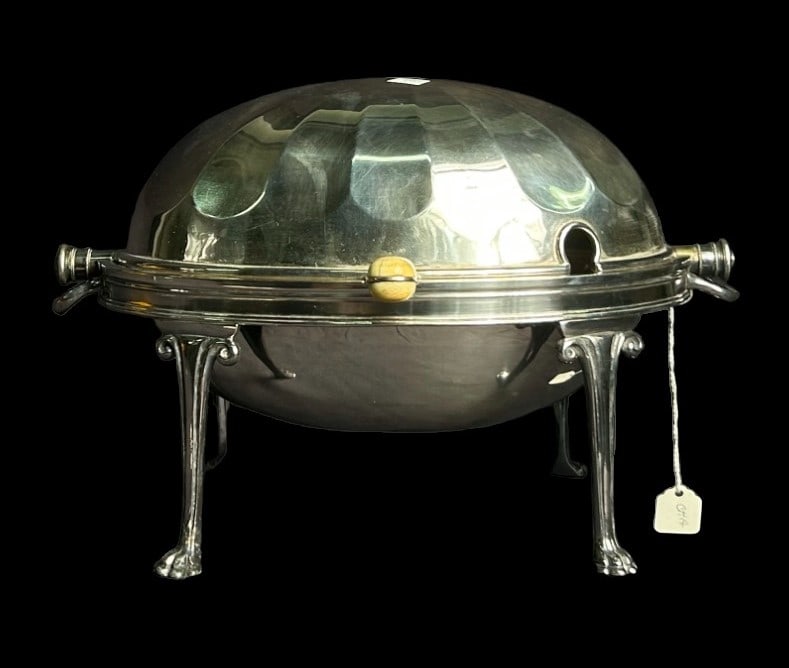 CIRCA 1920's SILVER PLATE REVOLVING TOP TUREEN: CIRCA 1920's SILVER PLATE REVOLVING TOP TUREEN. Height: 8 in. by Width: 12.5 in. by Depth: 8.5