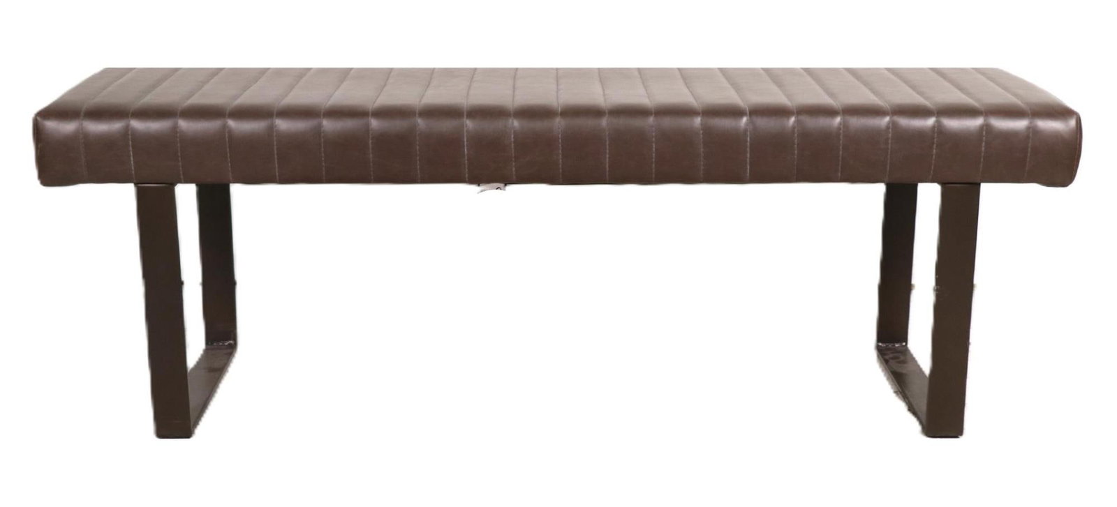 BROWN LEATHER BENCH: BROWN LEATHER BENCH WITH METAL LEGS Height: 6 in. by Width: 52 in. by Depth: 15 in