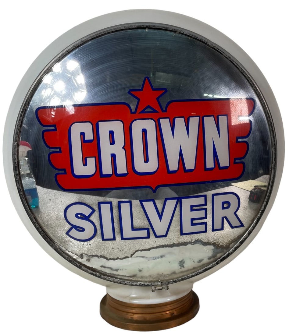 CROWN SILVER GAS PUMP GLOBE LIGHT VINTAGE: CROWN SILVER GAS PUMP GLOBE LIGHT VINTAGE GLASS LENS Height: 17 in. by Width: 14.5
