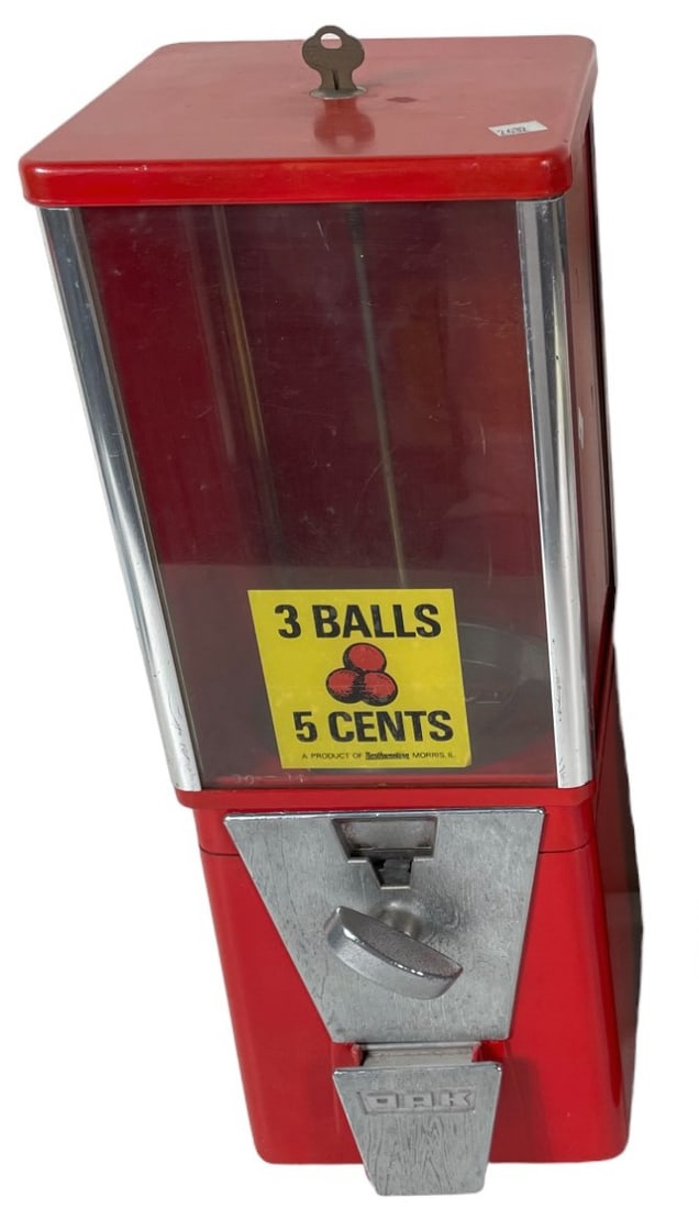 VINTAGE RED GUMBALL MACHINE: VINTAGE RED GUMBALL MACHINE. Height: 17.5 in. by Width: 6.5 in. by Depth: 6.5 in.