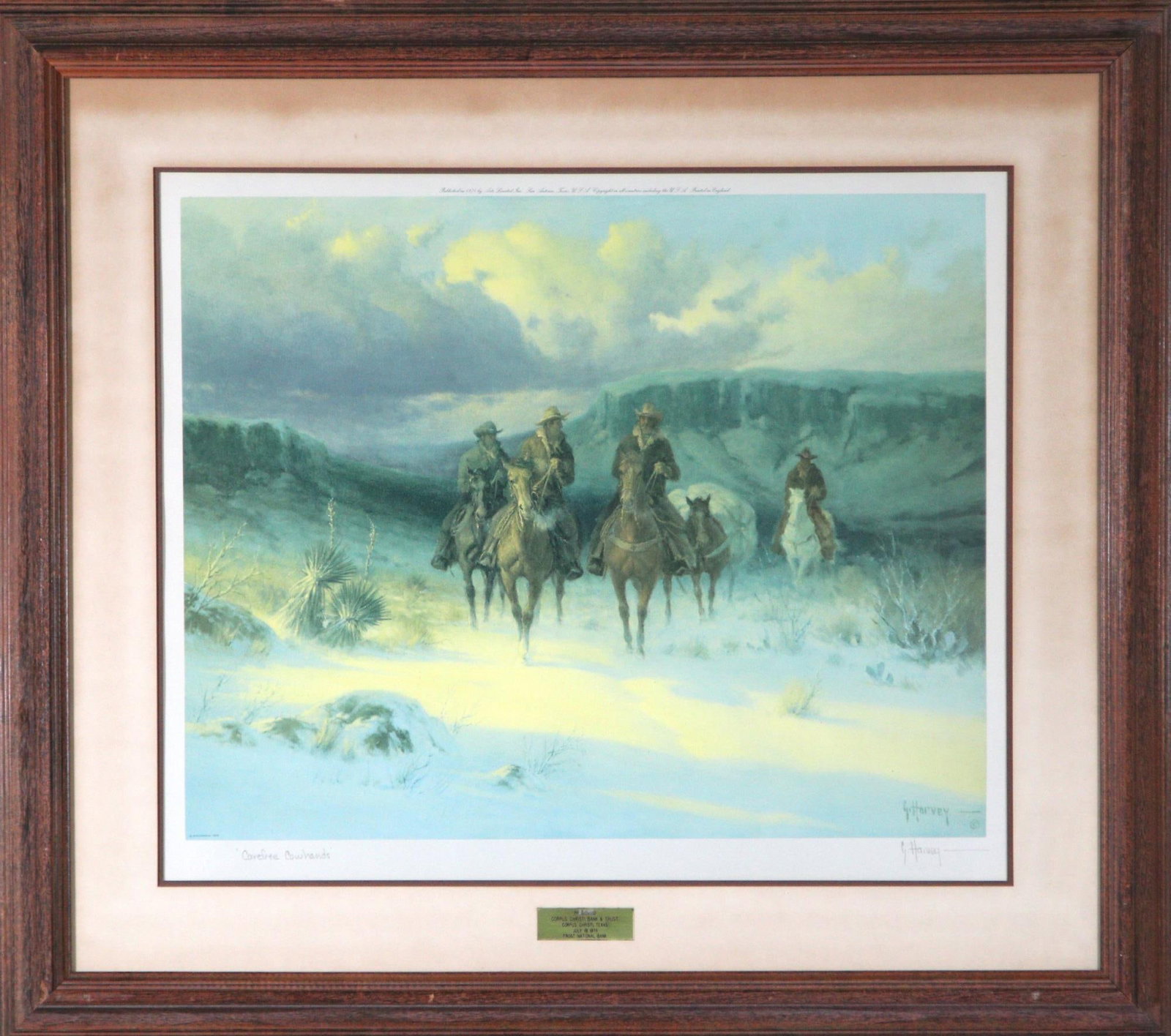 CAREFREE COWHANDS - G. HARVEY: CAREFREE COWHANDS FRAMED IN WOODEN FRAME BY ARTIST - G. HARVEY Height: 32.5 in. by Width: 26.5 in.