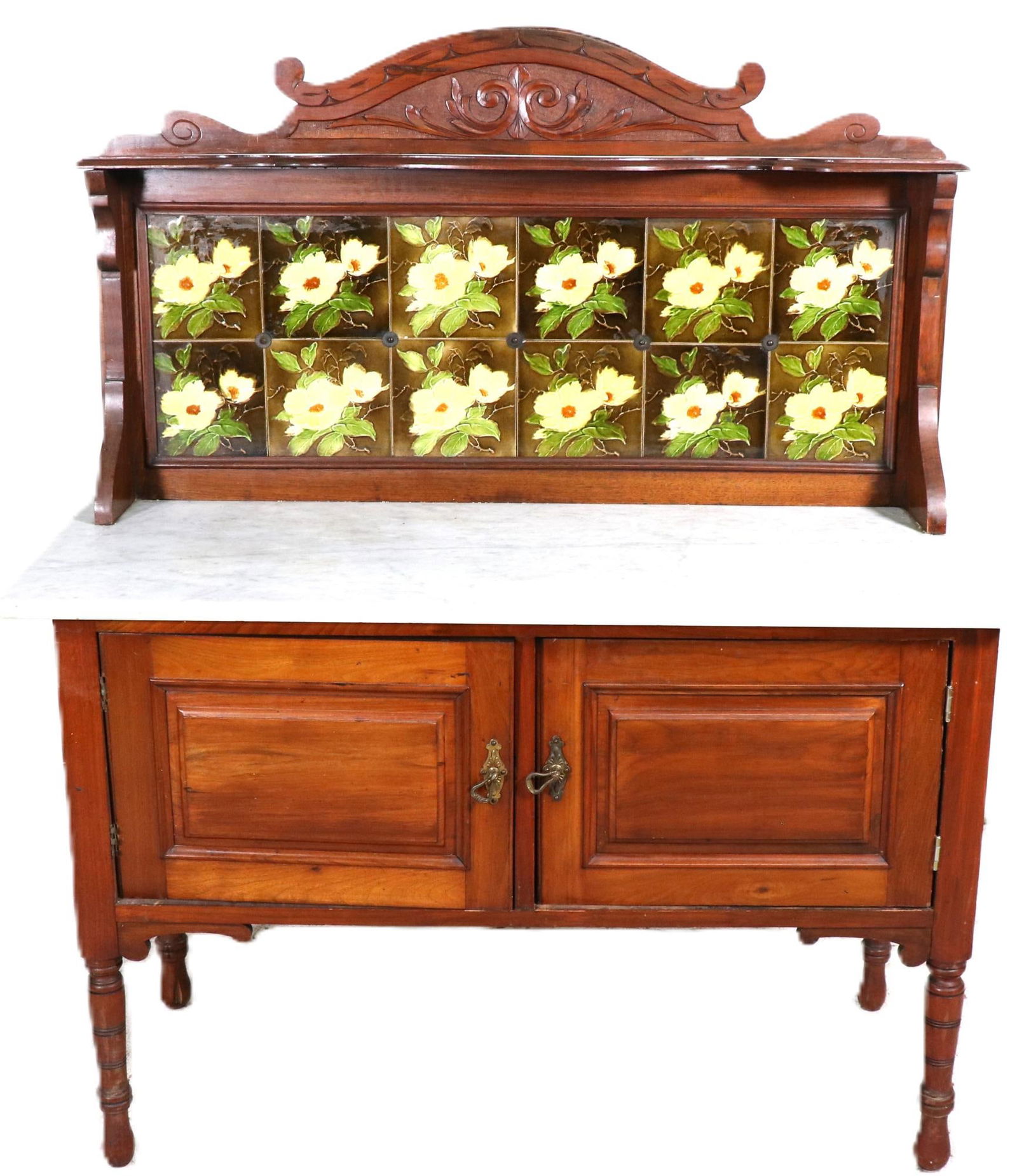 WASHSTAND WITH MARBLE TOP AND BACKSPLASH TILE: WASHSTAND WITH MARBLE TOP AND BACKSPLASH TILE Height: 51 in. by Width: 42.5 in. by Depth: 18 in