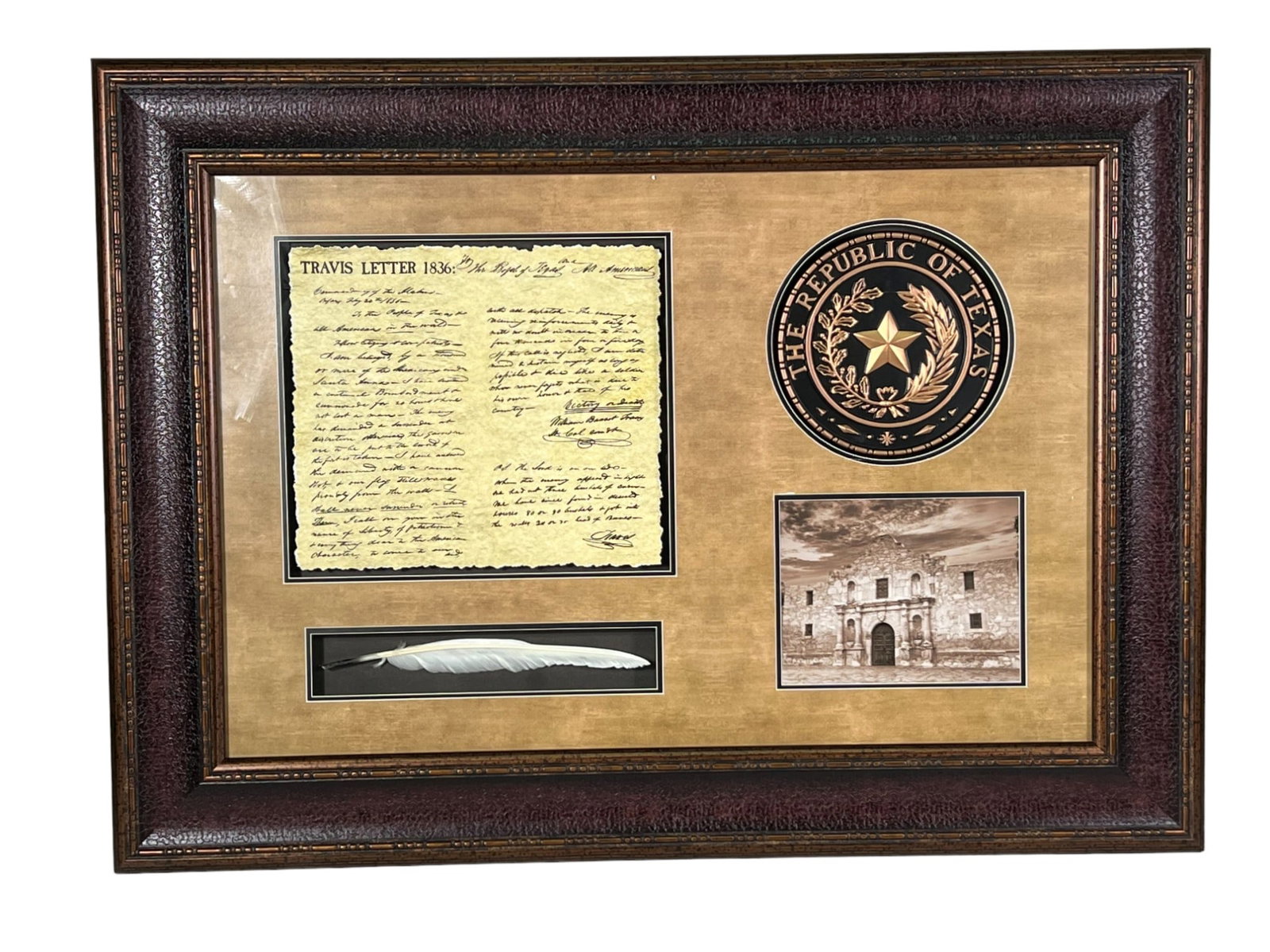 FRAMED "TRAVIS LETTER" 1836 TEXAS DOCUMENT: FRAMED "TRAVIS LETTER" 1836 TEXAS DOCUMENT REPRODUCTION IN SHADOW BOX FRAME. Height: 32.5 in. by Width: 44.25 in. by Depth: 2 in.