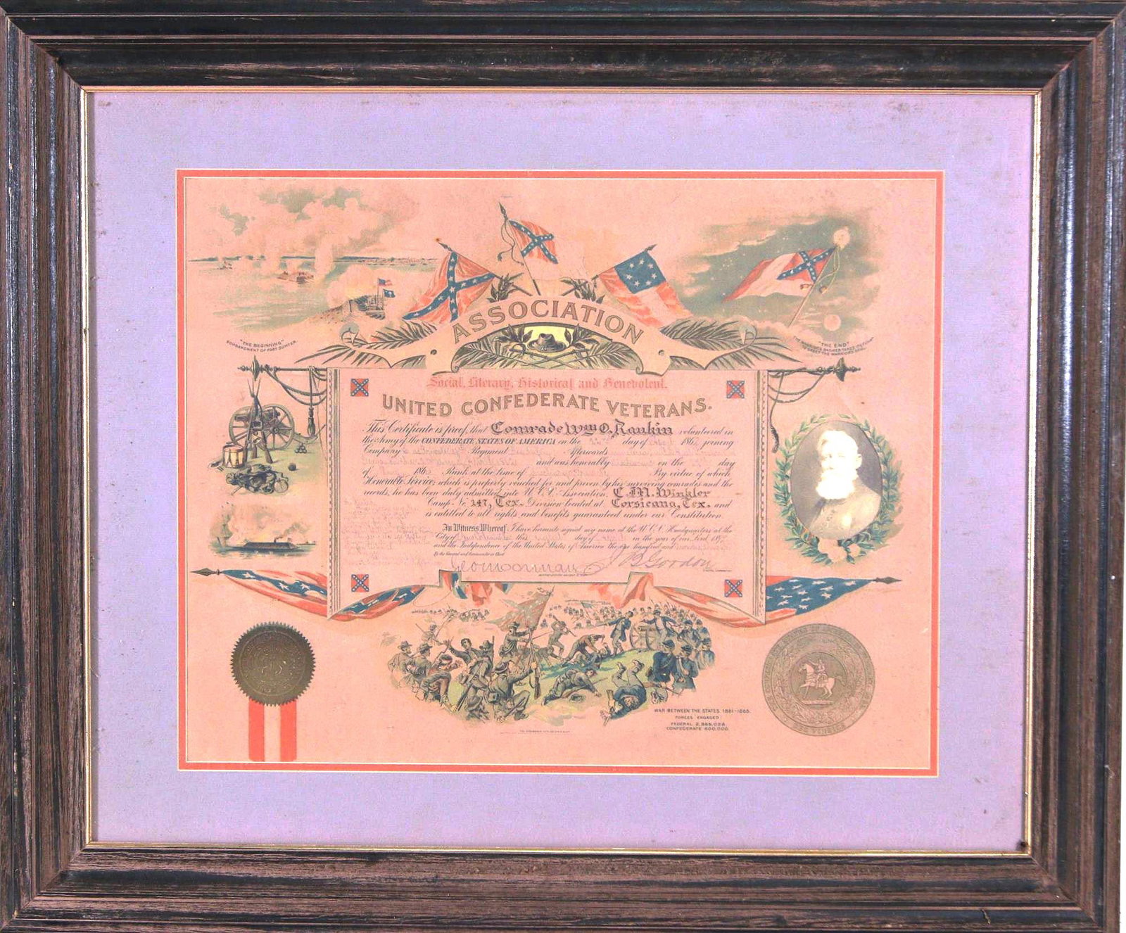 UNITED CONFEDERATE VETERANS FRAMED DOCUMENT: UNITED CONFEDERATE VETERANS FRAMED DOCUMENT. Height: 29.5 in. by Width: 35 in. by Depth: 2 in.