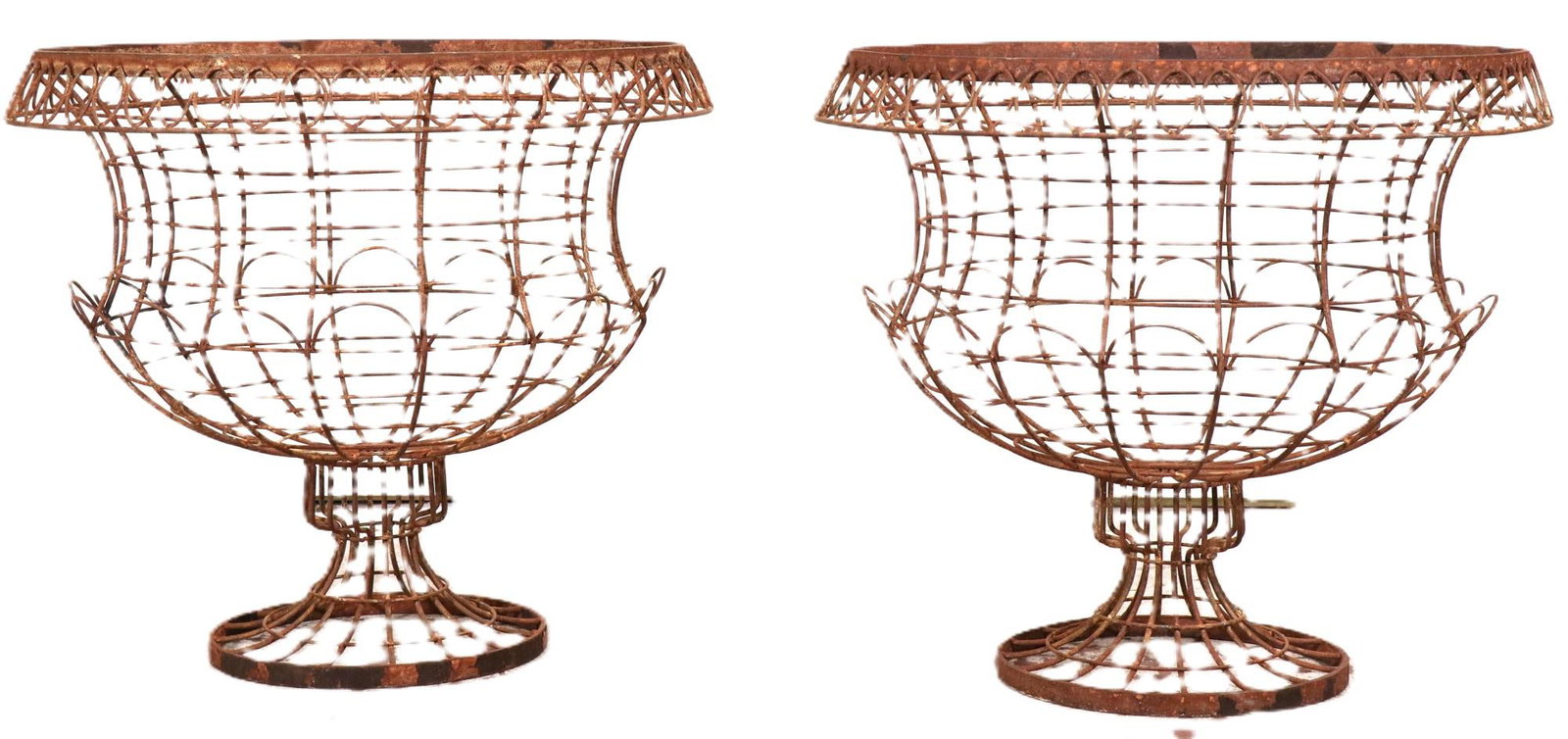 PAIR OF WIRE GARDEN URNS: PAIR OF WIRE GARDEN URNS. Height: 22 in. by Width: 24 in. by Depth: 24 in.