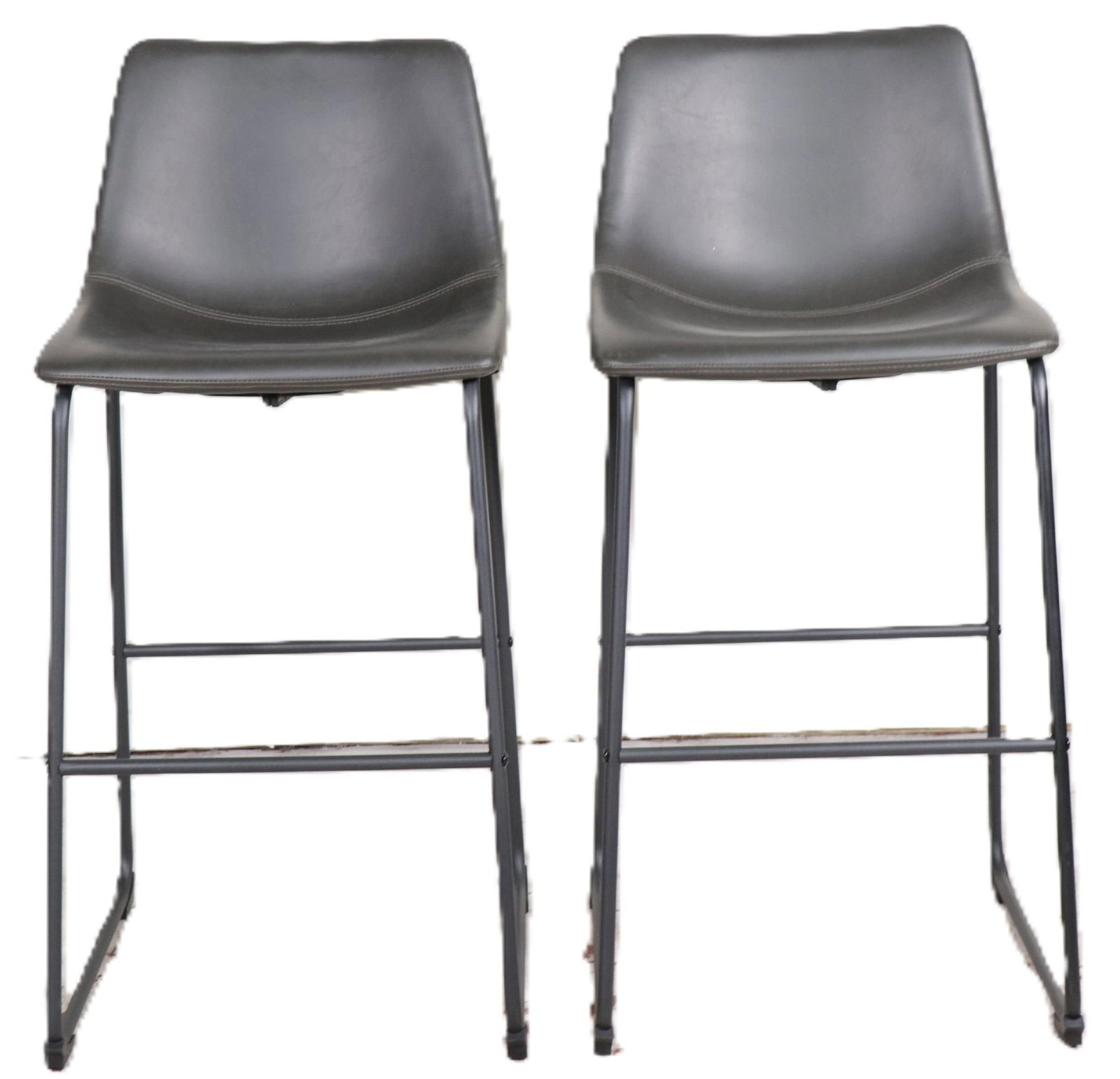PAIR OF G. HOMES BLACK LEATHER BARSTOOLS: PAIR OF G. HOMES BLACK LEATHER BARSTOOLS. Height: 39 in. by Width: 18 in. by Depth: 17 in.