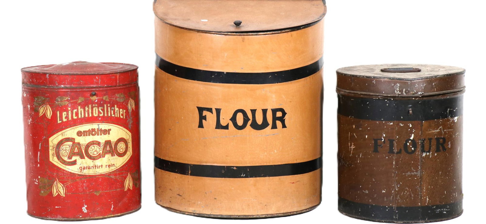 THREE ANTIQUE METAL STORAGE CONTAINERS: THREE ANTIQUE METAL STORAGE CONTAINERS. Height: 22 in. by Width: 18 in. by Depth: 12.5 in.