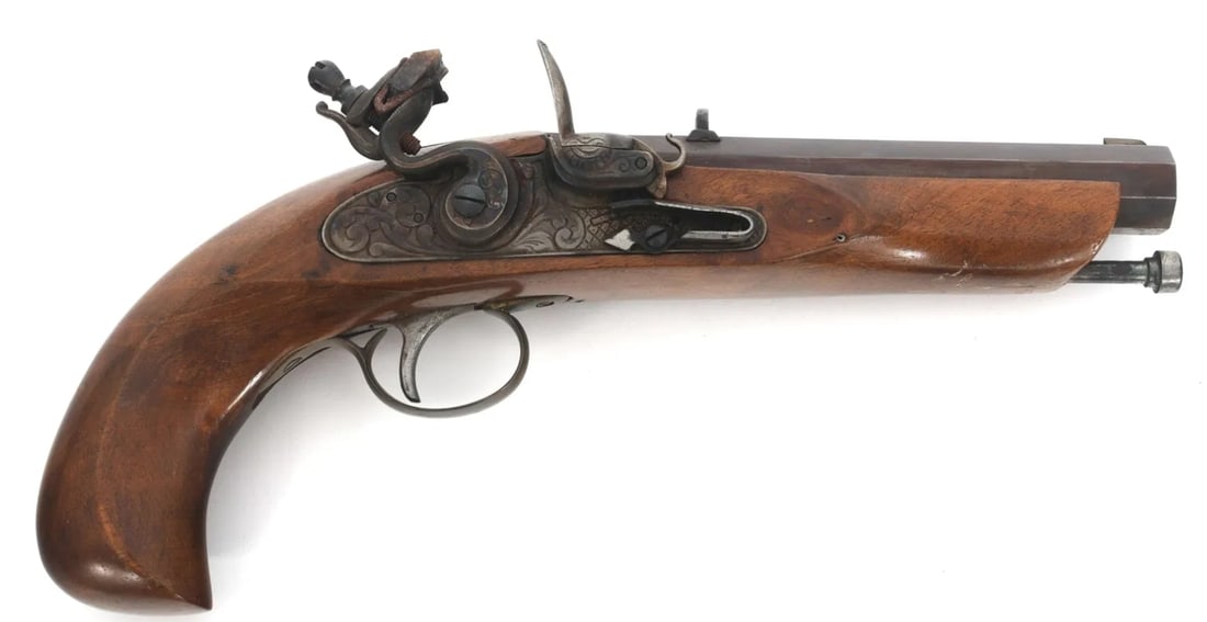 FLINTSTOCK PISTOL: FLINTSTOCK PISTOL. 6.5" octagonal barrel. 44 caliber. Fixed sights. Wood stock. Caliber / Gauge: Multi Barrel Length: (A) 6.5" Serial Number: NSN. NO FFL REQUIRED.