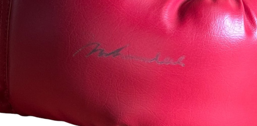 MUHAMOD ALI BOXING GLOVES SIGN ON THE RIGHT GLOVE: MUHAMOD ALI BOXING GLOVES SIGN ON THE RIGHT GLOVE