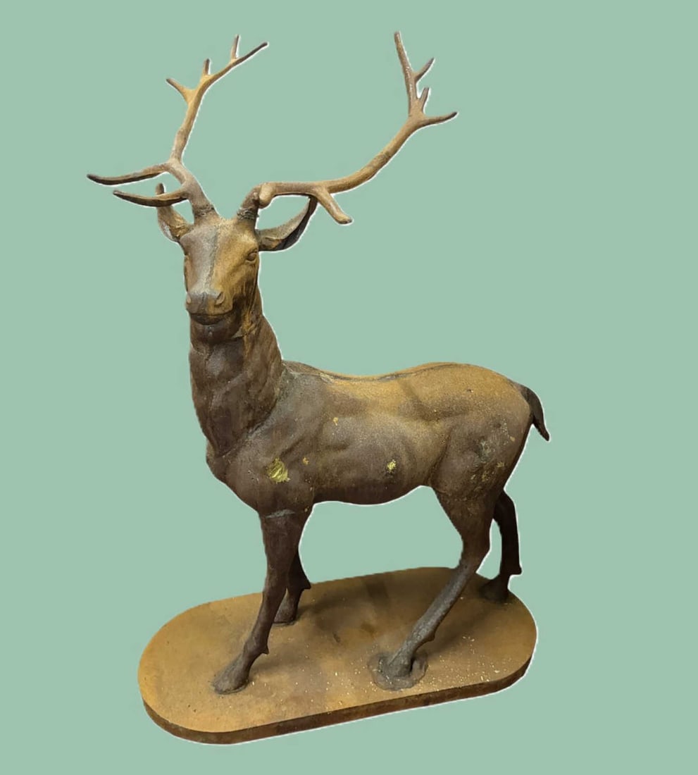 LIFE-SIZED IRON DEER ON BASE: LIFE-SIZED IRON DEER ON BASE. Height: 56 in. by Width: 46 in. by Depth: 24 in.