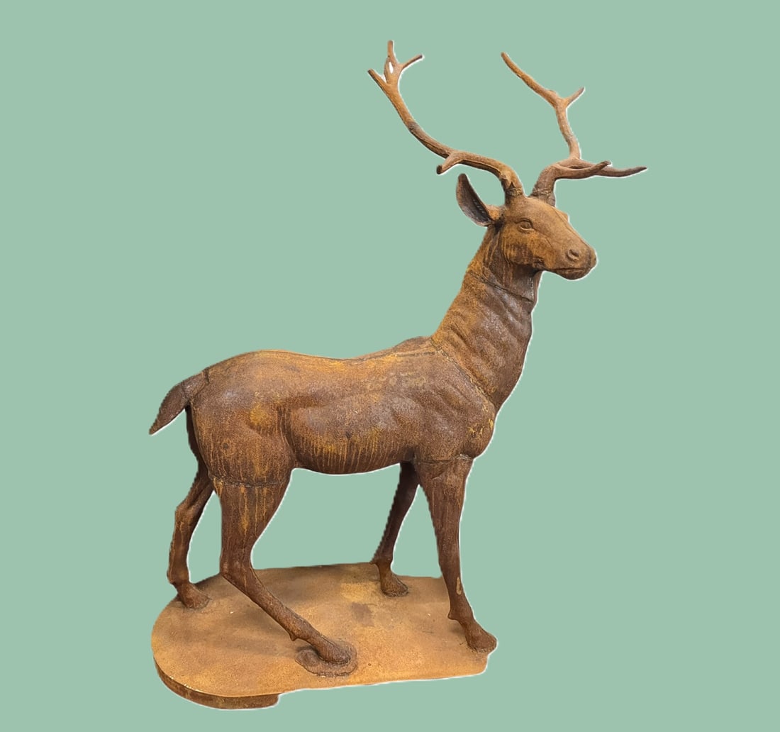 LIFE-SIZED IRON DEER ON BASE: LIFE-SIZED IRON DEER ON BASE. Height: 56 in. by Width: 46 in. by Depth: 24 in.