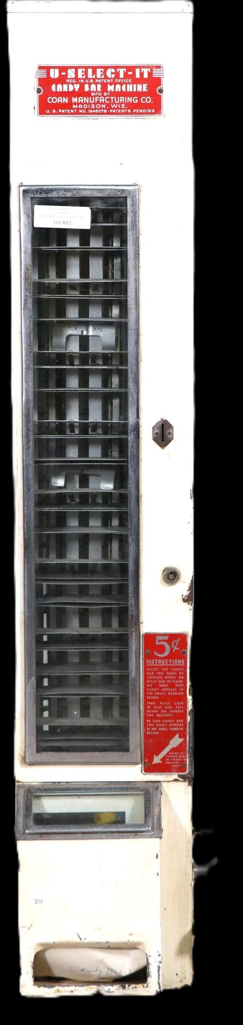 ANTIQUE U-SELECT-IT CANDY BAR MACHINE: ANTIQUE U-SELECT-IT CANDY BAR MACHINE Height: 47.5 in. by Width: 9 in. by Depth: 9.5 in