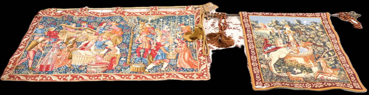 TWO TAPESTRIES MADE IN FRANCE BY GOBLYS: TWO TAPESTRIES GRAPE HARVEST AND UNICORN AT FOUNTAIN BY GOBLYS, MADE IN FRANCE. Height: 35 in. by Width: 53 in.