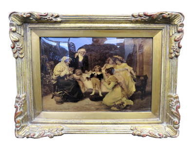 FREDERICK MORGAN FAMILY SCENE PAINTING ON GLASS: FREDERICK MORGAN (ENGLISH 1856-1927) FAMILY SCENE PAINTING ON CONVEX GLASS USING SPECIAL FIXATIVES. SPECIALLY COMMENDED COMPETITION, 1911. Height: 18 & 12.5 in. by Width: 22 & 15.5 in.