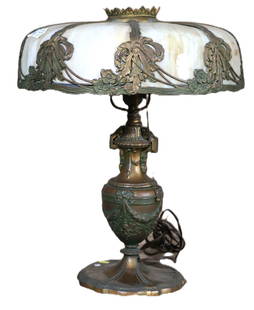 FIGURAL BASE LAMP WITH SLAG GLASS SHADE: FIGURAL BASE LAMP WITH SLAG GLASS SHADE. Height: 20 in. by Width: 17.5 in. by Depth: 17.5 in.