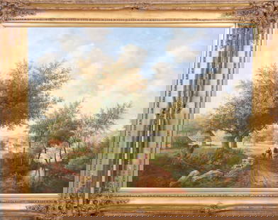 LANDSCAPE OIL ON CANVAS PAINTING: LANDSCAPE OIL ON CANVAS PAINTING IN GILDED FRAME. Height: 48 in. by Width: 60 in.