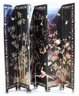 CHINESE EBONIZED SIX PANEL SCREEN: CHINESE EBONIZED SIX PANEL SCREEN. Height: 83.50 in. by Width: 96 in. by Depth: 1 in.