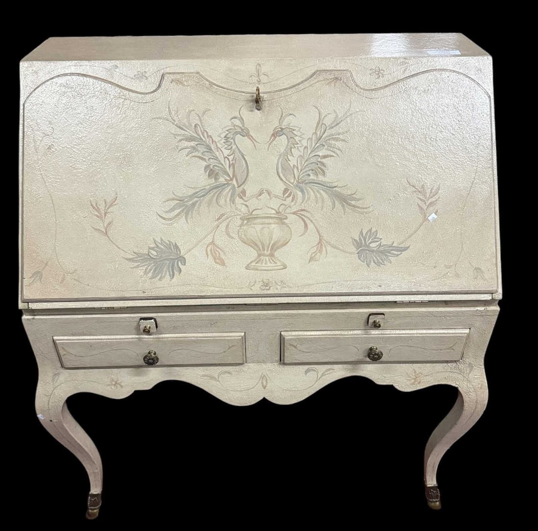VINTAGE FRENCH HANDPAINTED SECRETARY DESK: VINTAGE FRENCH HANDPAINTED SECRETARY DESK. Height: 45 1/2 in. by Width: 20 1/2 in. by Depth: 45 1/2 in.