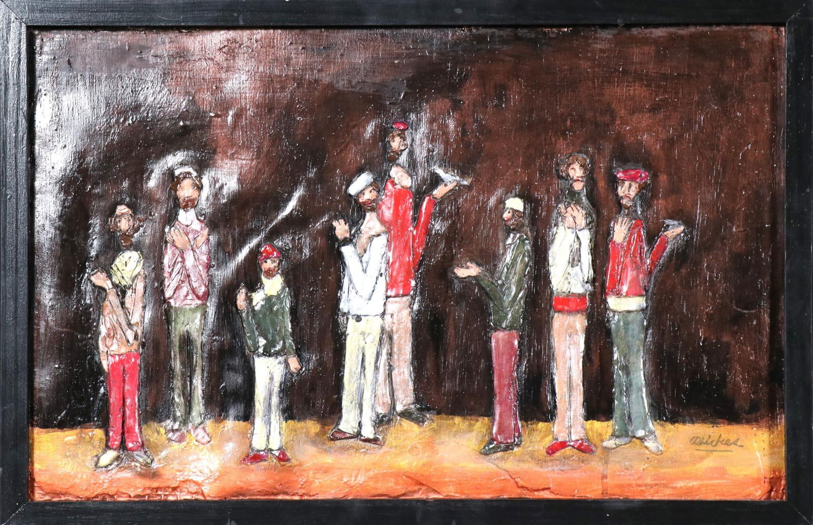 DAVID ADICKES "MALE FIGURES" ACRYLIC ON BOARD: DAVID ADICKES "MALE FIGURES" ACRYLIC ON BOARD. Height: 15 in. by Width: 23 in.