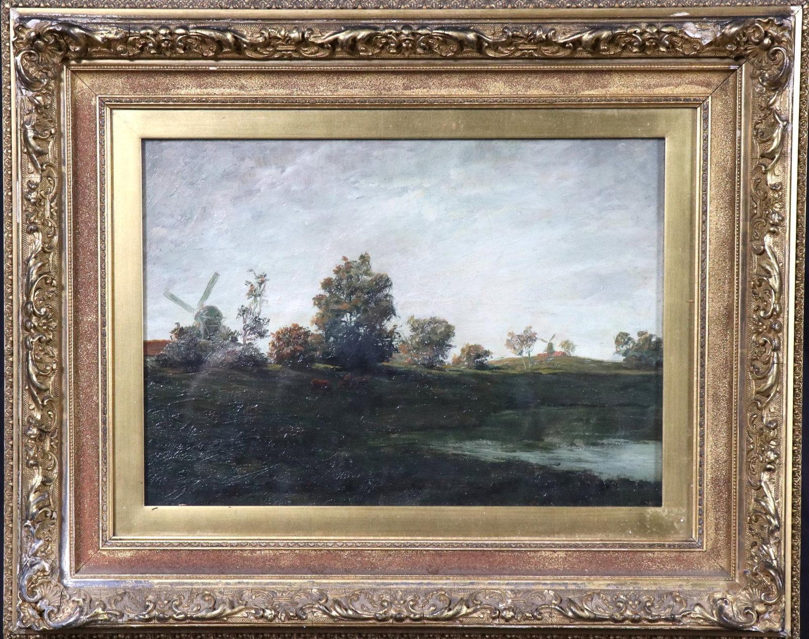 19th CENTURY COUNTRY FRENCH LANDSCAPE OIL: 19th CENTURY COUNTRY FRENCH LANDSCAPE WITH WINDMILLS OIL ON CANVAS IN ANTIQUE GOLD FRAME. Height: 17 in. by Width: 21 in. by Depth: 2.5 in.