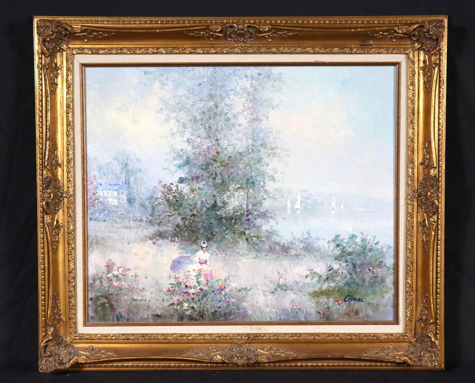 CHEVEL IMPRESSIONIST LANDSCAPE IN GILDED FRAME: CHEVEL IMPRESSIONIST LANDSCAPE IN GILDED FRAME. Height: 27 in. by Width: 30 in. by Depth: 2.5 in.