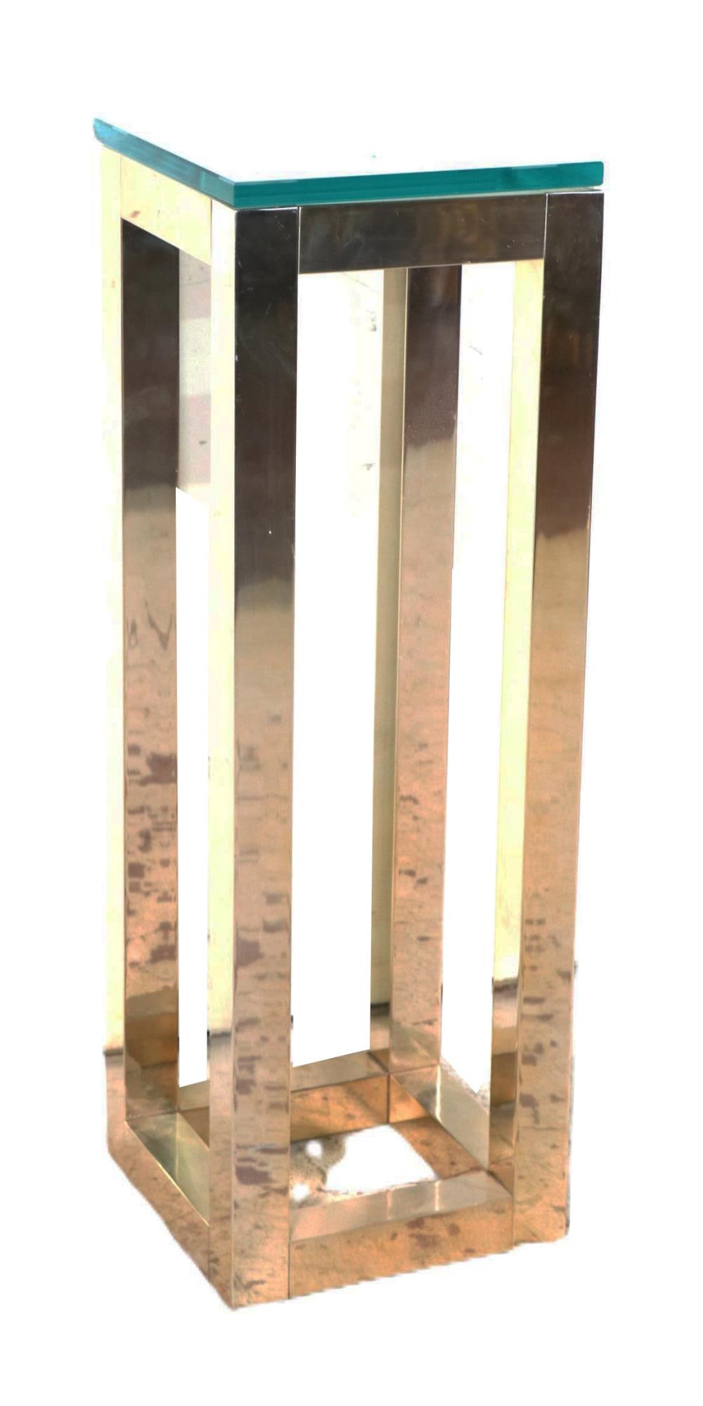MODERNIST CHROME AND GLASS PEDESTAL: MODERNIST CHROME AND GLASS PEDESTAL. Height: 36.5 in. by Width: 12 in. by Depth: 12 in.