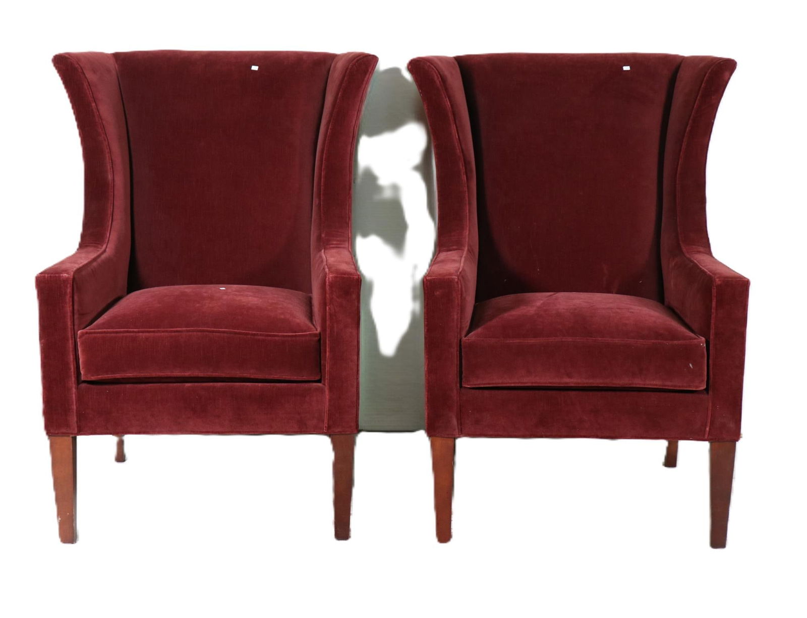 PAIR OF SHERRILL WINGBACK ARMCHAIRS: PAIR OF SHERRILL WINGBACK ARMCHAIRS IN WINE COLORED MOHAIR UPHOLSTERY. Height: 44 in. by Width: 30 in. by Depth: 36 in.